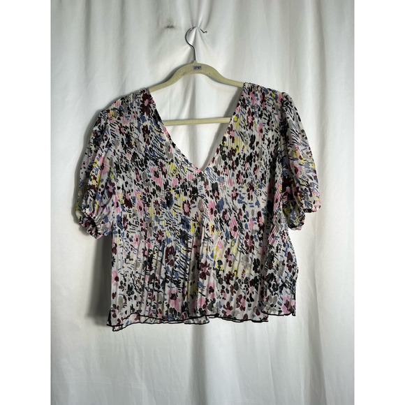 Ganni White Printed Pleated V-Neck Crop Top Sz 38 (medium - Picture 2 of 3